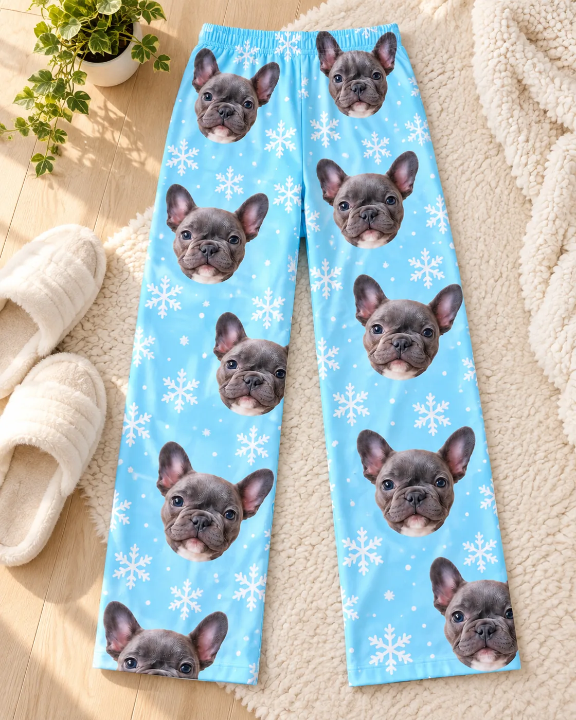 Christmas pajamas: light blue Snowflake pajama pants with French bulldog faces laid beside white slippers