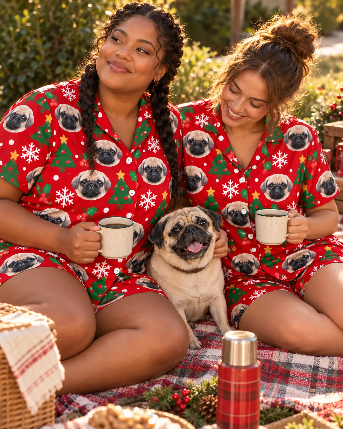 Two friends with mugs and their pug at a holiday picnic in christmas pajama shorts sets