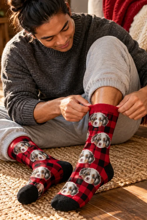 Man pulling up a red and black plaid sock printed with puppy faces