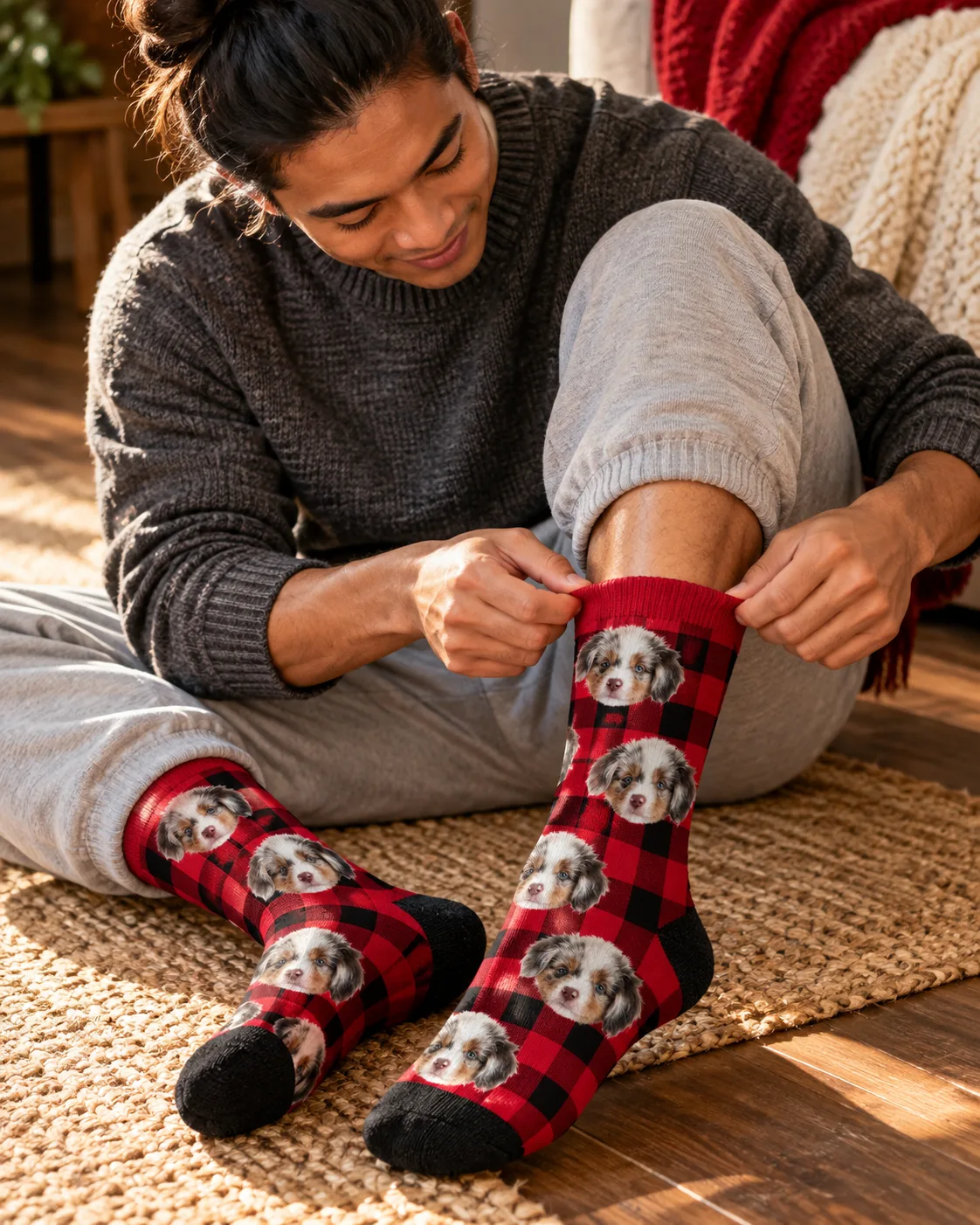 Man pulling up a red and black plaid sock printed with puppy faces