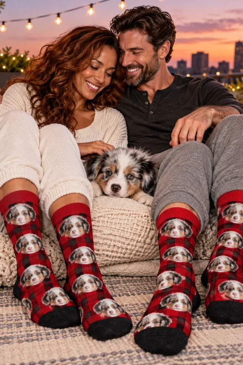 Couple on a rooftop at dusk in red plaid face socks, their puppy between them
