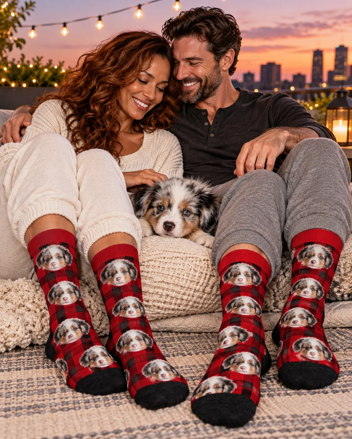 Couple on a rooftop at dusk in red plaid face socks, their puppy between them