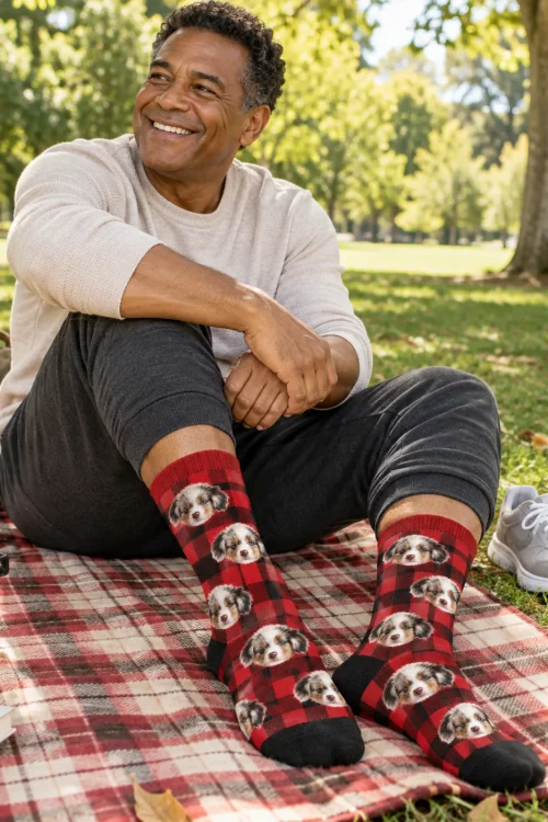 Man on a plaid picnic blanket in the park in red plaid socks with puppy faces