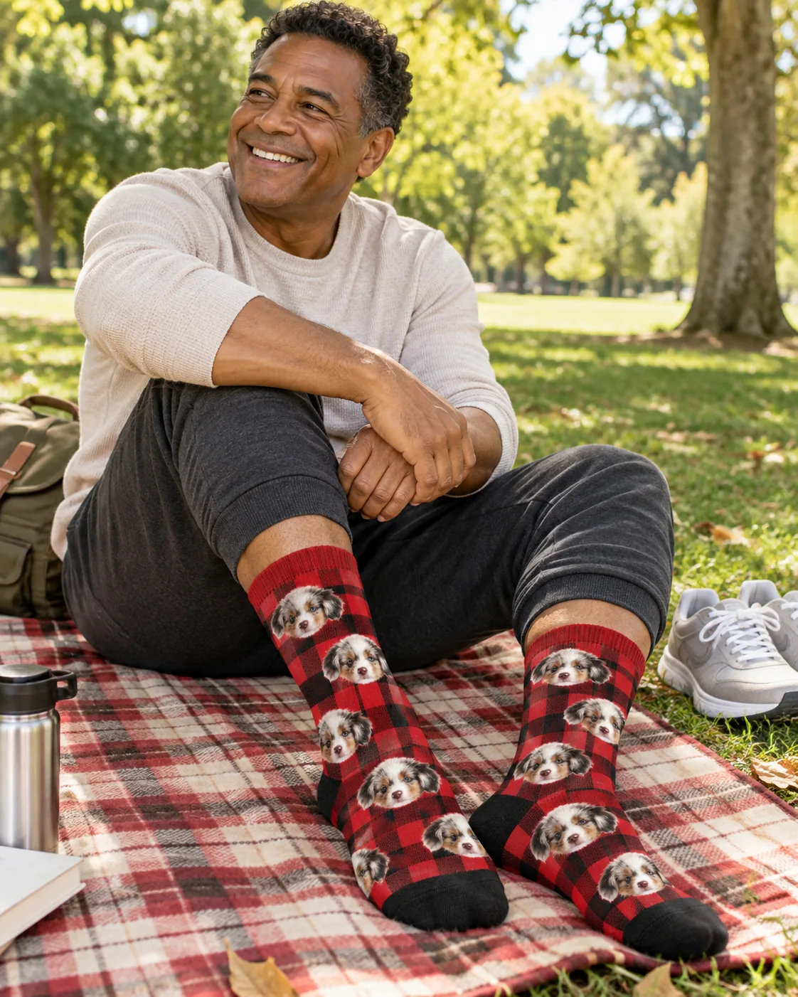 Man on a plaid picnic blanket in the park in red plaid socks with puppy faces