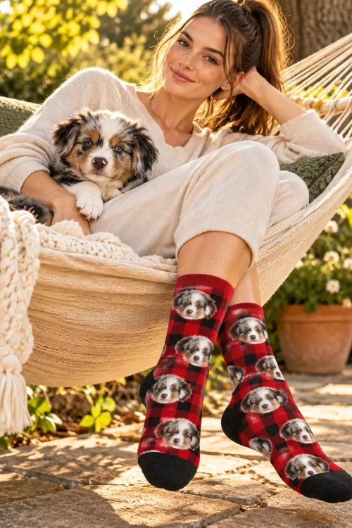 Woman in a hammock with her Aussie puppy, wearing red buffalo plaid socks with its face