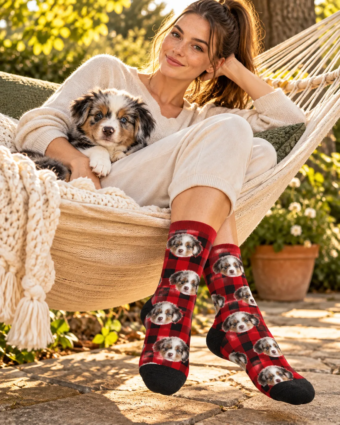 Woman in a hammock with her Aussie puppy, wearing red buffalo plaid socks with its face