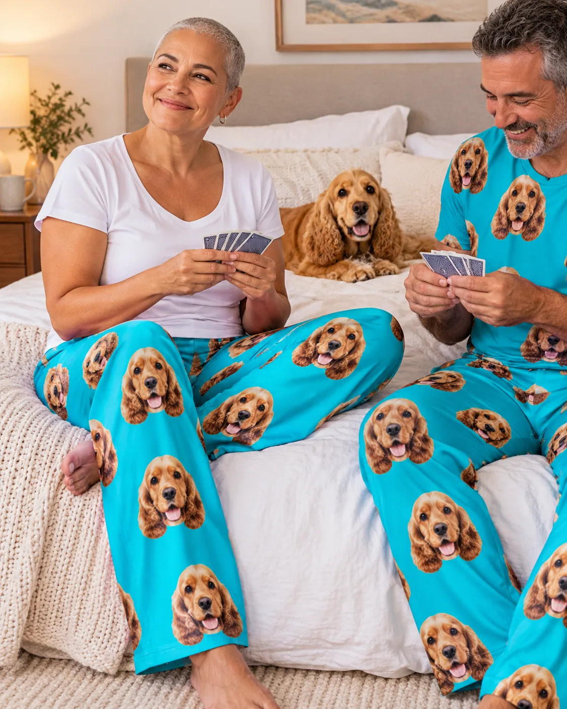 Couple playing cards on a bed in teal cocker spaniel pajamas, a golden cocker resting between them