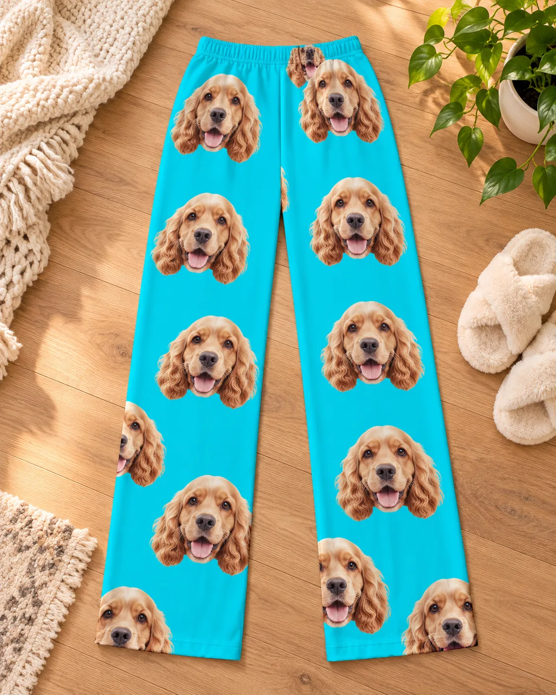 Teal cocker spaniel pajama pants laid flat on a wood floor beside fluffy slippers and a plant