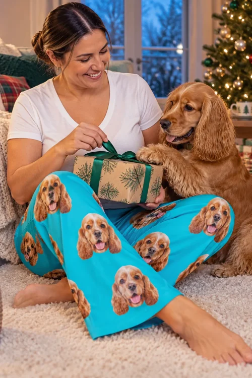 Woman opening a gift by a Christmas tree as a golden cocker spaniel paws the ribbon, teal pajama pants
