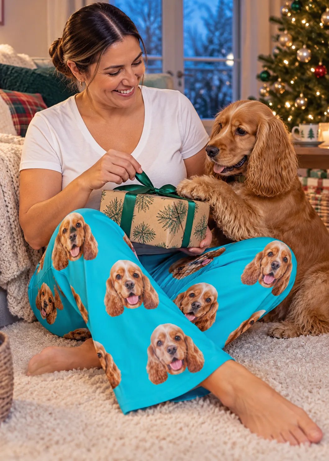 Woman opening a gift by a Christmas tree as a golden cocker spaniel paws the ribbon, teal pajama pants