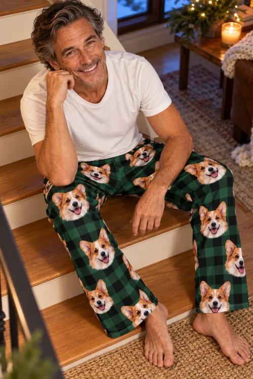 Silver-haired man smiling on wooden stairs in green plaid corgi pajama pants, candle and tree lights behind