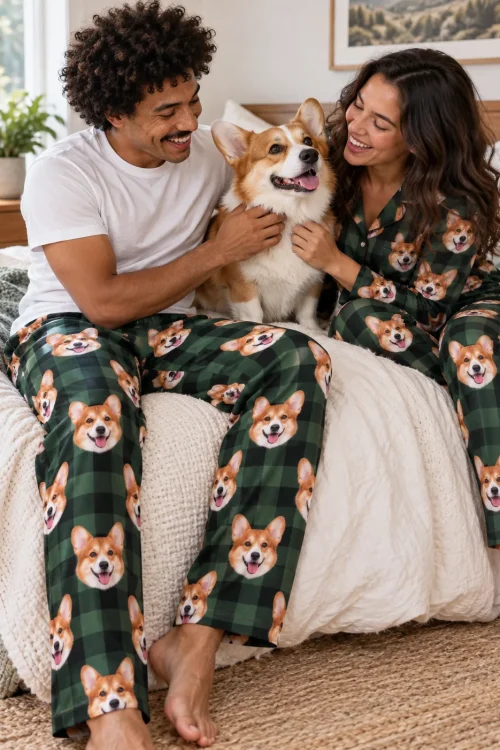 Couple on a bed hugging their corgi, both in green plaid corgi pajamas, his pants covered in corgi faces