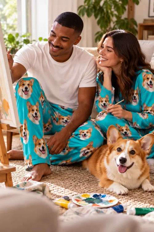 Couple painting on a sunny living room rug in teal corgi face pajamas, their corgi lying beside them