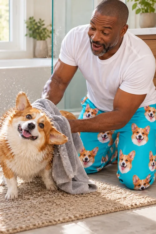 Man towel-drying his wet corgi on a bath mat, wearing teal pajama pants printed with the same corgi's face