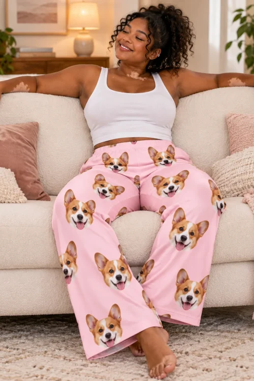 Woman stretching out on a cream sofa in blush pink pajama pants printed with smiling corgi faces