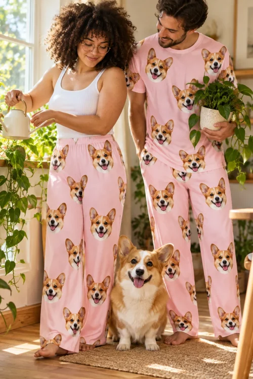 Couple watering houseplants in blush pink corgi face pajamas while their corgi sits between them