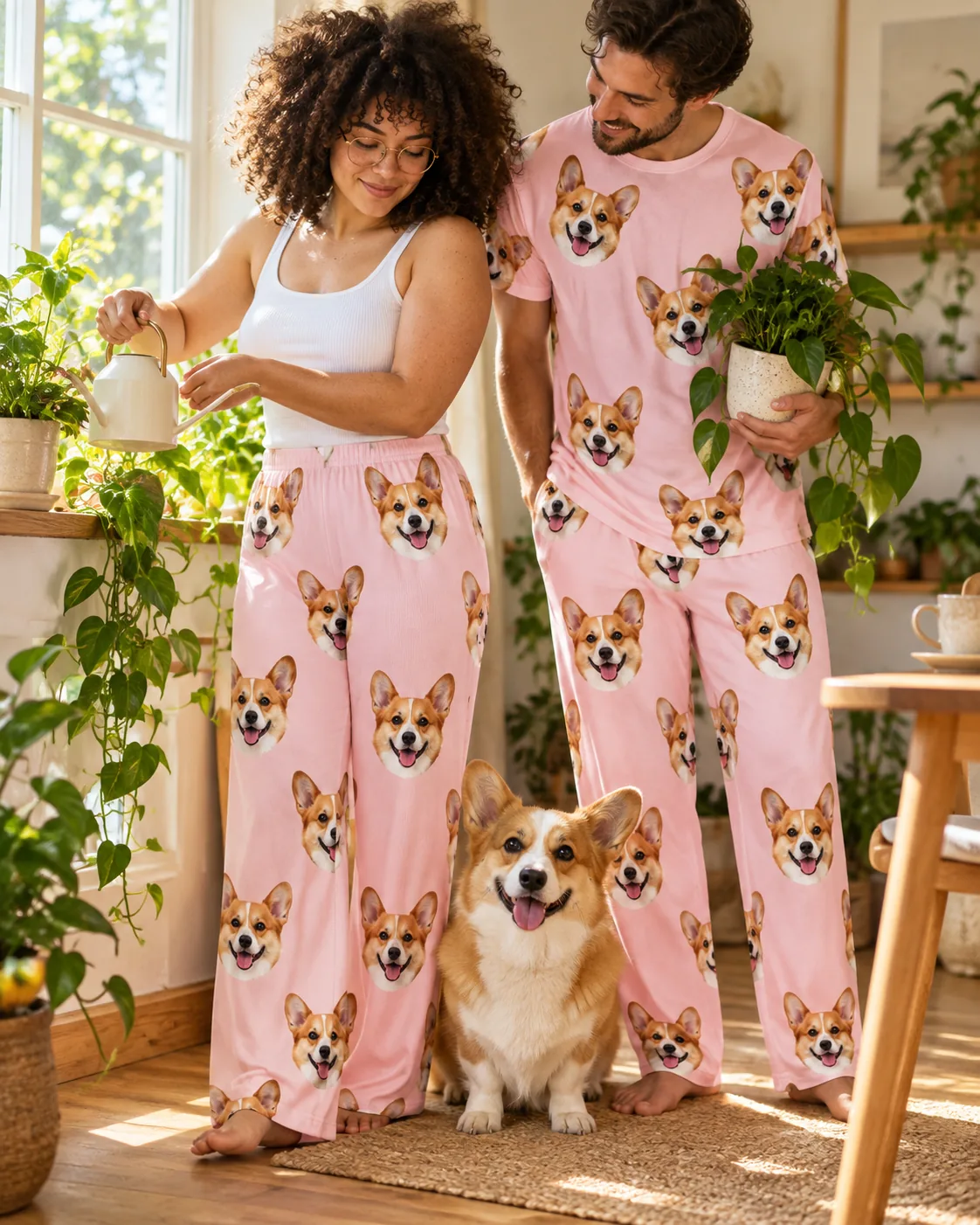 Couple watering houseplants in blush pink corgi face pajamas while their corgi sits between them