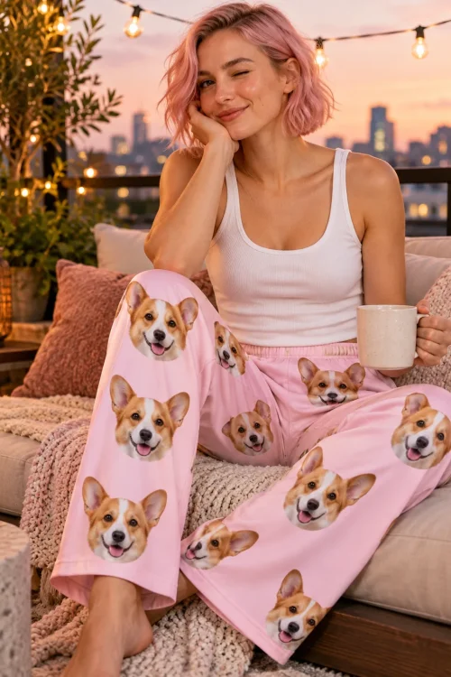 Pink-haired woman winking with a mug on a rooftop at dusk, wearing blush pink corgi face pajama pants