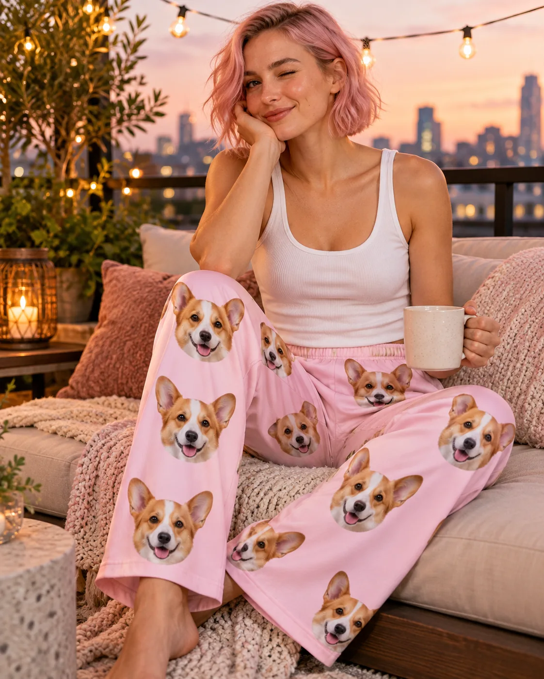 Pink-haired woman winking with a mug on a rooftop at dusk, wearing blush pink corgi face pajama pants