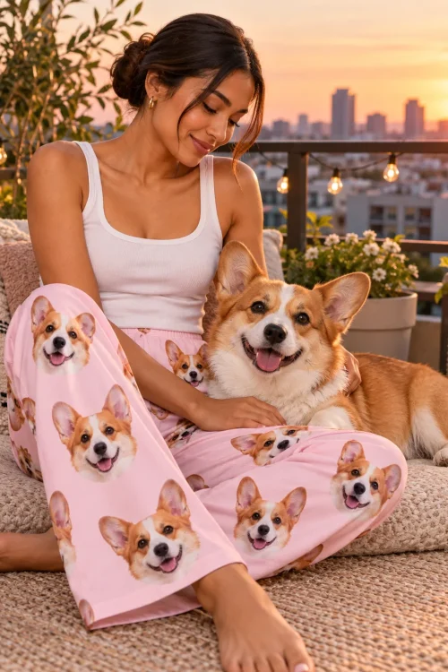 Woman petting her corgi on a rooftop daybed at sunset, in blush pink pajama pants printed with corgi faces