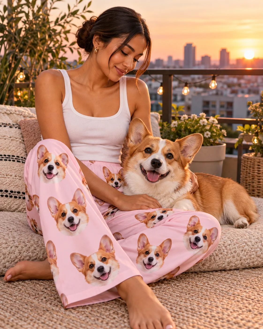 Custom Corgi Pajama Pants for Women — blush pink with pet | GenzOutfit Woman petting her corgi on a rooftop daybed at sunset, in blush pink pajama pants printed with corgi faces