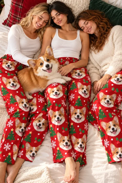 Three women cuddling on a bed with a corgi, all in red Christmas pajama pants with corgi faces and trees