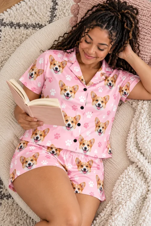 Woman reading on a round floor cushion in a blush pink paws corgi pajama set with corgi faces and paw prints
