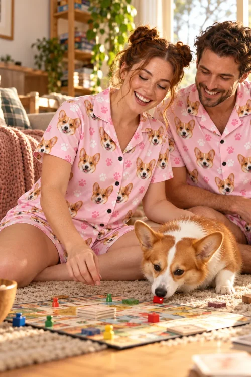 Couple in matching blush pink corgi pajama sets play a board game on the rug as their corgi sniffs a game piece