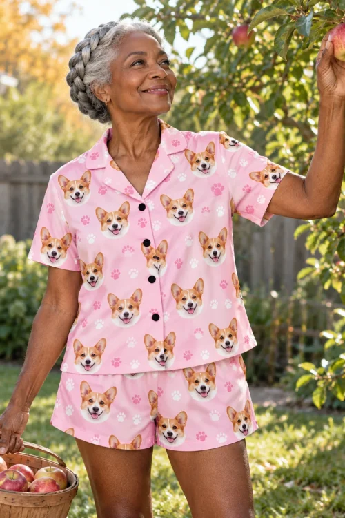 Gray-haired woman picking apples in a sunny backyard in a blush pink paws corgi pj set