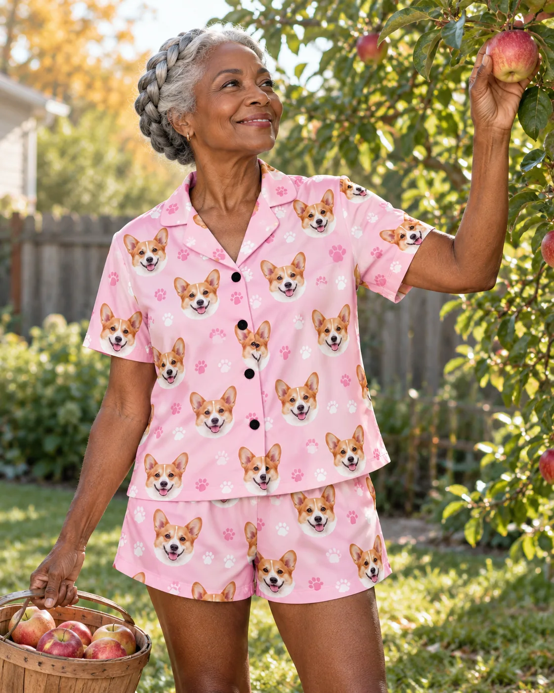 Gray-haired woman picking apples in a sunny backyard in a blush pink paws corgi pj set