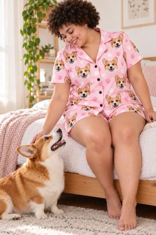Woman on her bed in a blush pink paws corgi pajama set, petting her red and white corgi on the rug