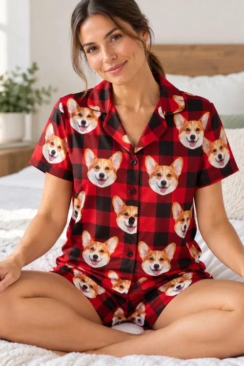 Woman sitting cross-legged on a white bed in a red plaid corgi pj set covered in smiling corgi faces