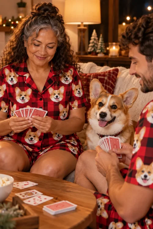 Couple playing cards on the sofa in red plaid corgi pj sets while their corgi watches, Christmas lights