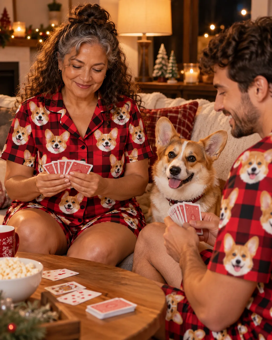 Custom Corgi Short Pajama Set — red plaid family | GenzOutfit Couple playing cards on the sofa in red plaid corgi pj sets while their corgi watches, Christmas lights