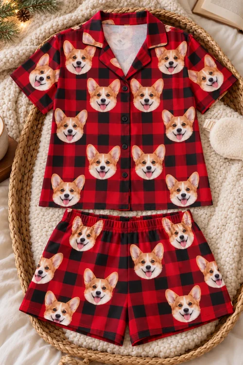 Red plaid corgi pj set laid flat in a woven basket, shirt above shorts, with a candle and sleep mask