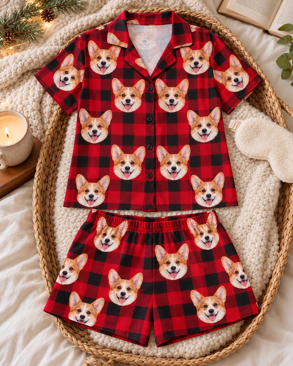 Red plaid corgi pj set laid flat in a woven basket, shirt above shorts, with a candle and sleep mask