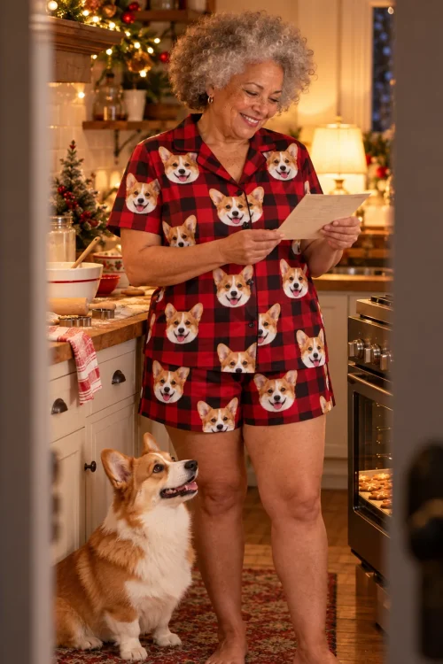 Gray-haired woman reads a recipe card in a red plaid corgi pj set while her corgi looks up in a holiday kitchen