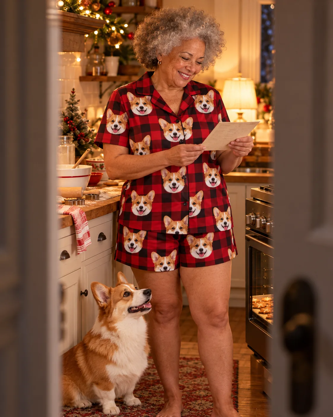 Custom Corgi Short Pajama Set — red plaid with pet | GenzOutfit Gray-haired woman reads a recipe card in a red plaid corgi pj set while her corgi looks up in a holiday kitchen