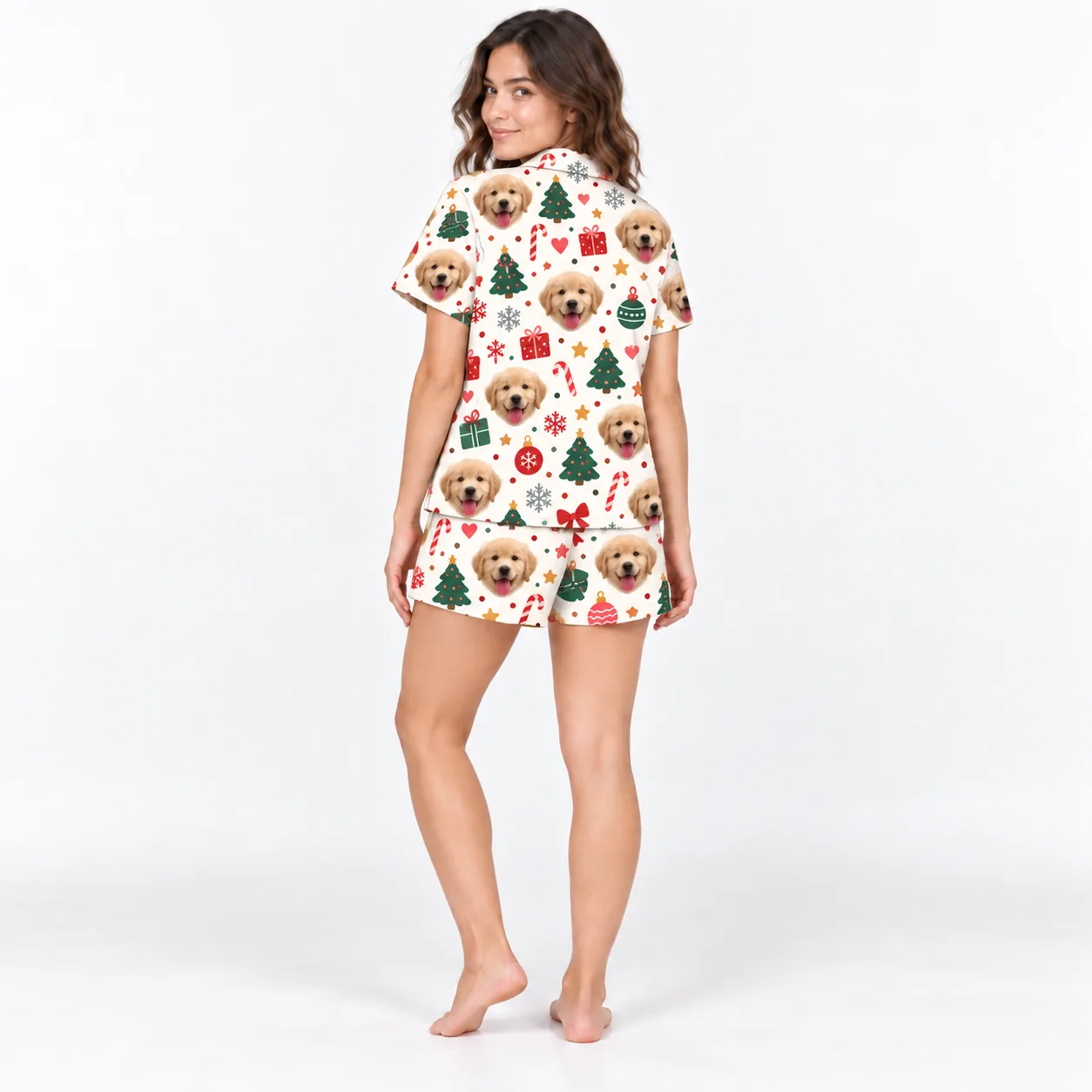 Women's Cream Christmas Pet Face Short Pajama Set — back | GenzOutfit Back view of the cream Christmas pajama set with puppy faces on shirt and shorts
