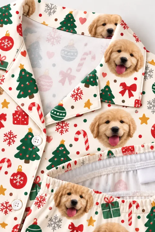 Inside of the cream Christmas pajama set: collar lining and elastic shorts waistband