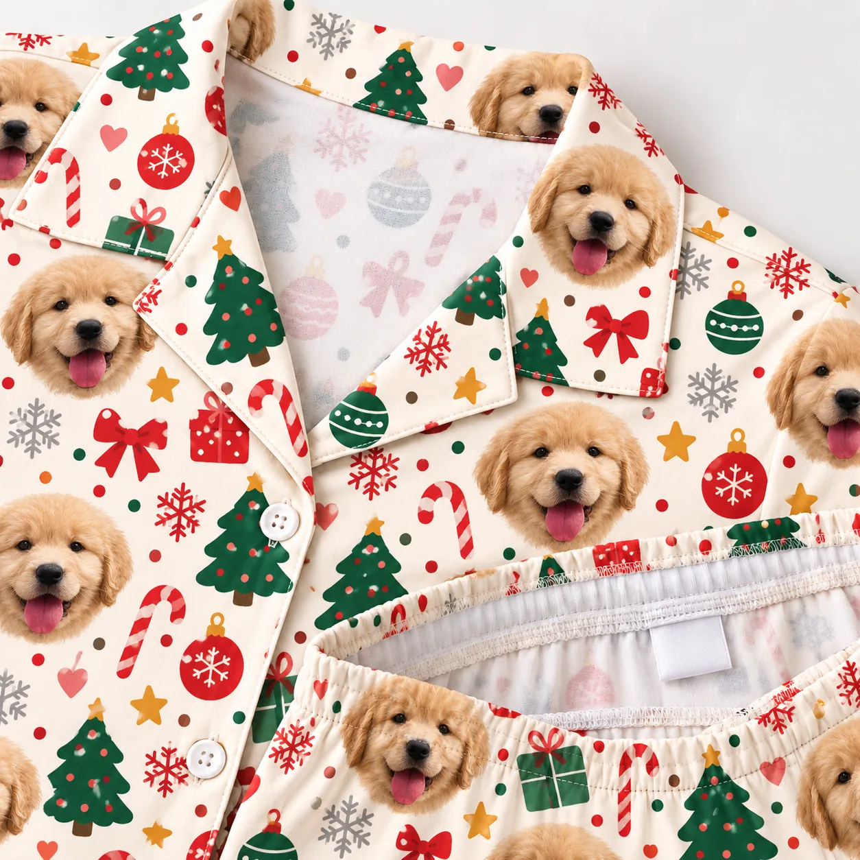 Women's Cream Christmas Pet Face Short Pajama Set — detail inside | GenzOutfit Inside of the cream Christmas pajama set: collar lining and elastic shorts waistband