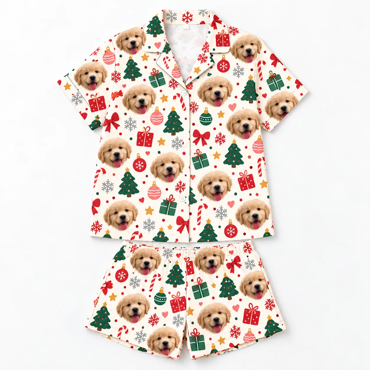 Women's Cream Christmas Pet Face Short Pajama Set — flat lay | GenzOutfit Cream Christmas pajama set with pet face print laid flat, shirt above the shorts