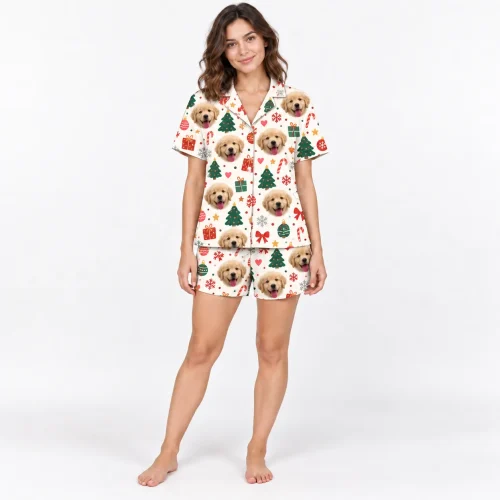Women's Cream Christmas Pet Face Short Pajama Set