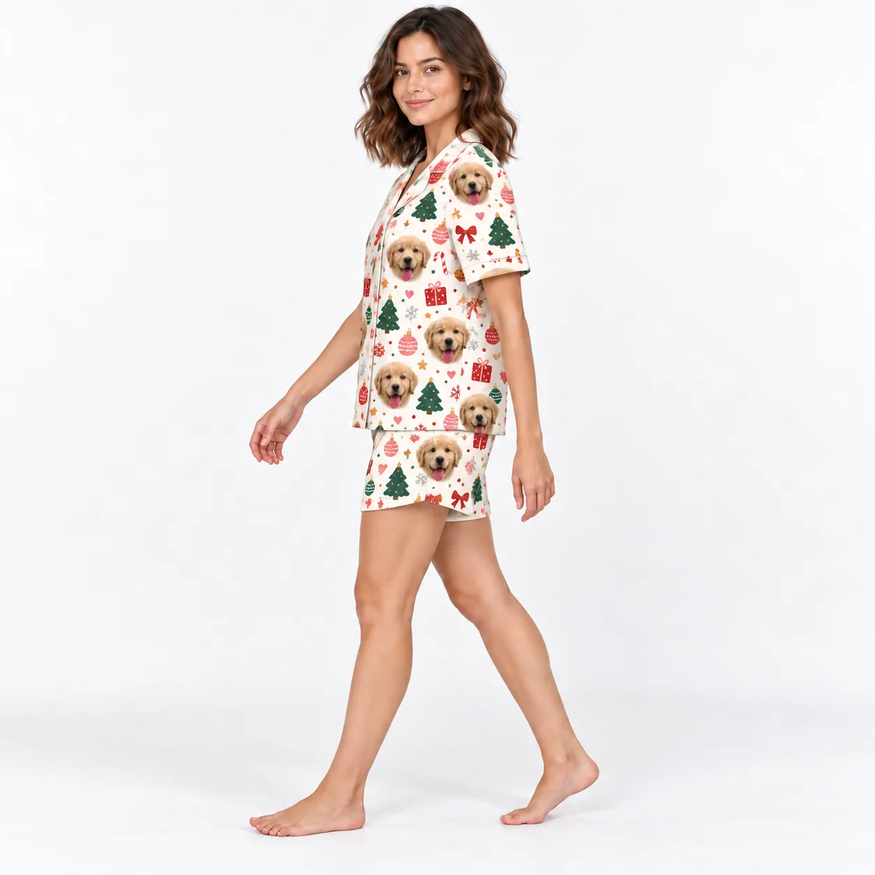 Women's Cream Christmas Pet Face Short Pajama Set — side | GenzOutfit Side view of a woman walking in the cream Christmas pet face pajama set