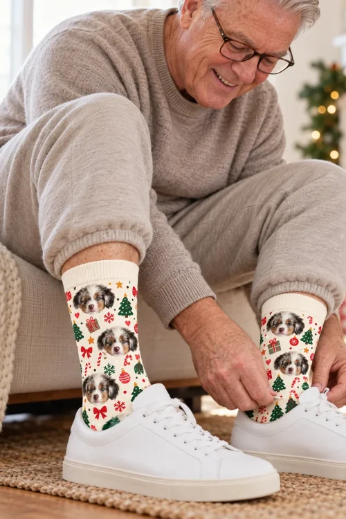 Older man tying white sneakers over custom Christmas socks with puppy faces