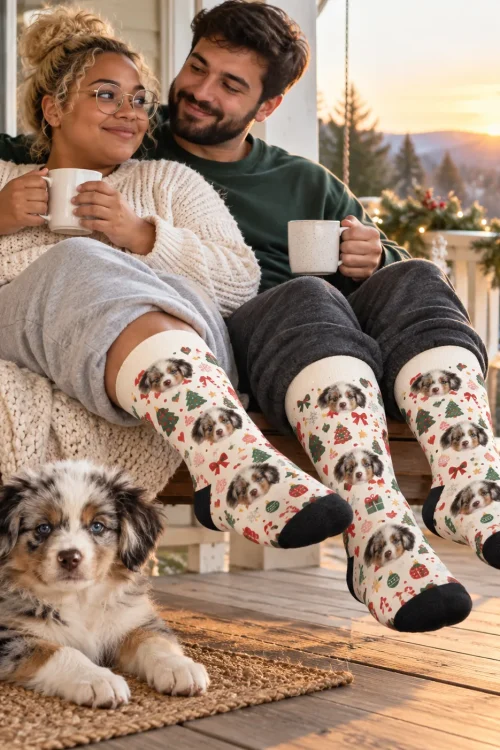 Couple on a porch swing at sunset in cream Christmas face socks, their puppy below