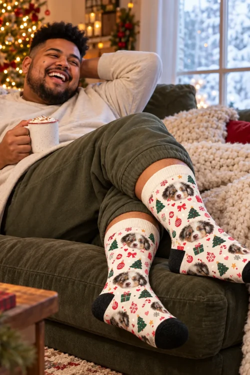 Laughing man with hot chocolate on a sofa in cream Christmas socks by the tree