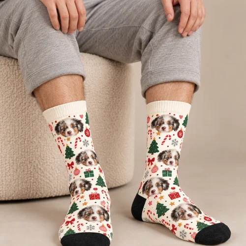 Custom Christmas Socks with Your Pet's Face, Christmas Cream
