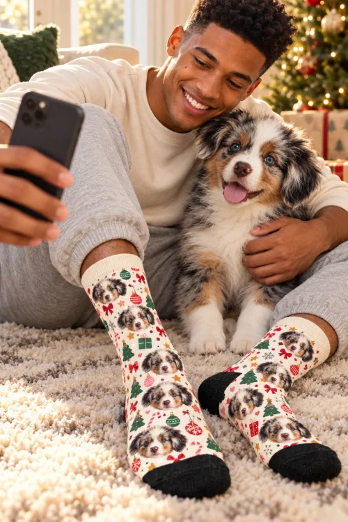 Young man taking a selfie with his Aussie puppy by the tree in cream Christmas socks