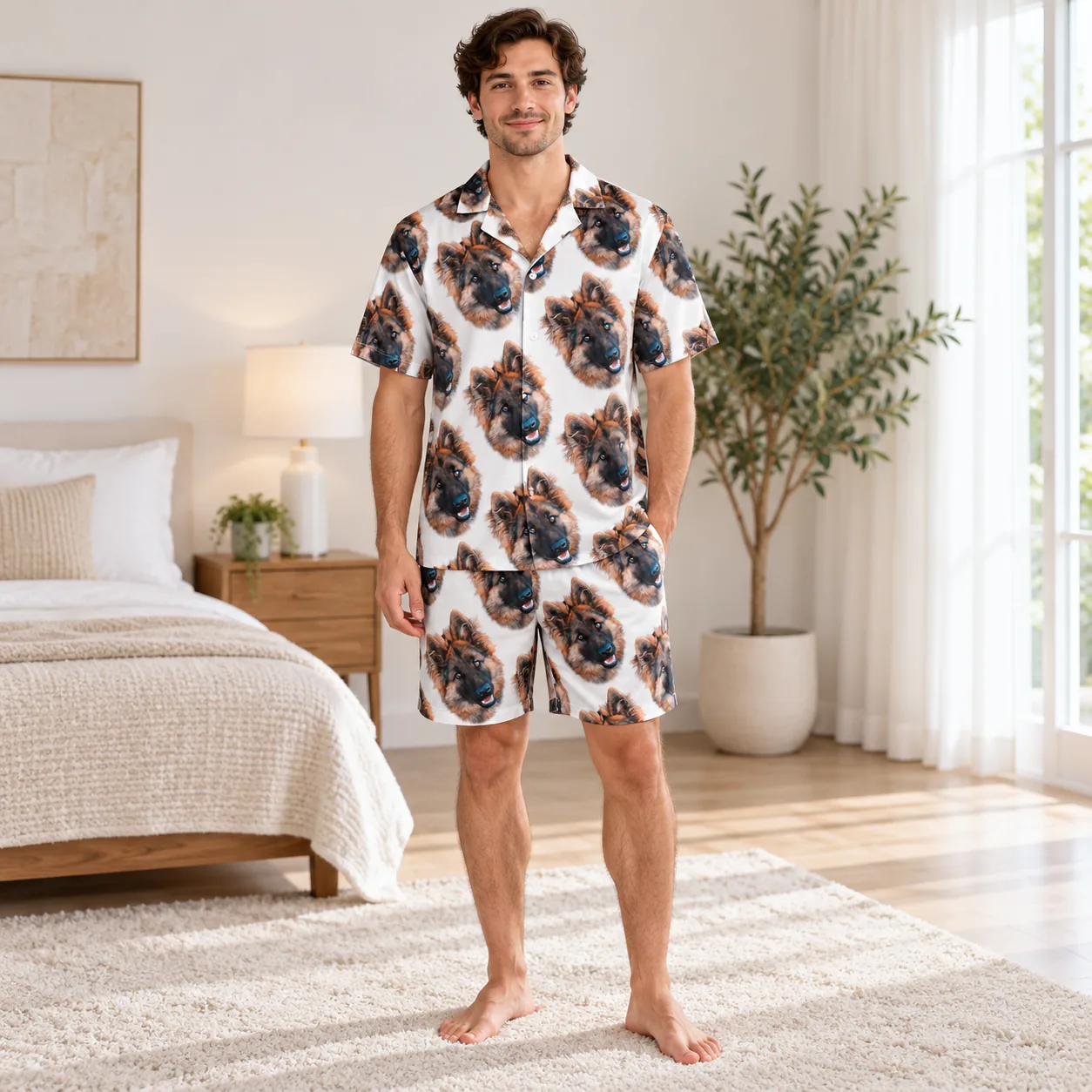 Man in a white camp collar pajama shirt and shorts printed with German shepherd dog faces
